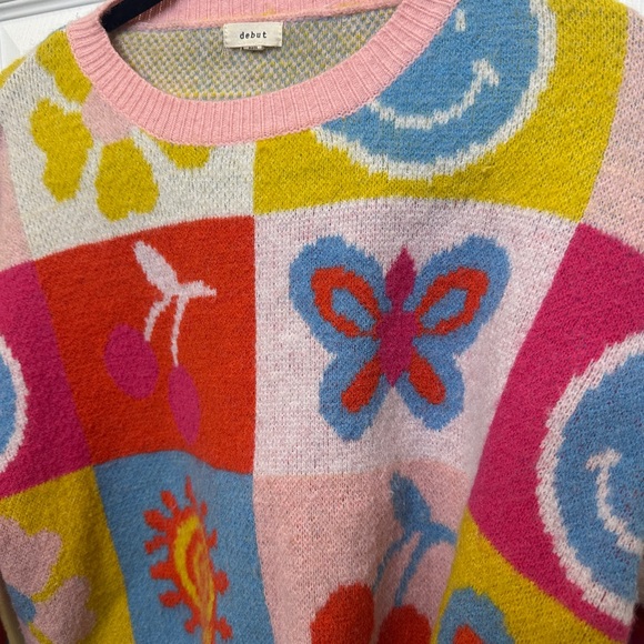 Patchwork Graphic Sweater Smiley Face Flower Dopamine Knit Size S - Picture 2 of 11